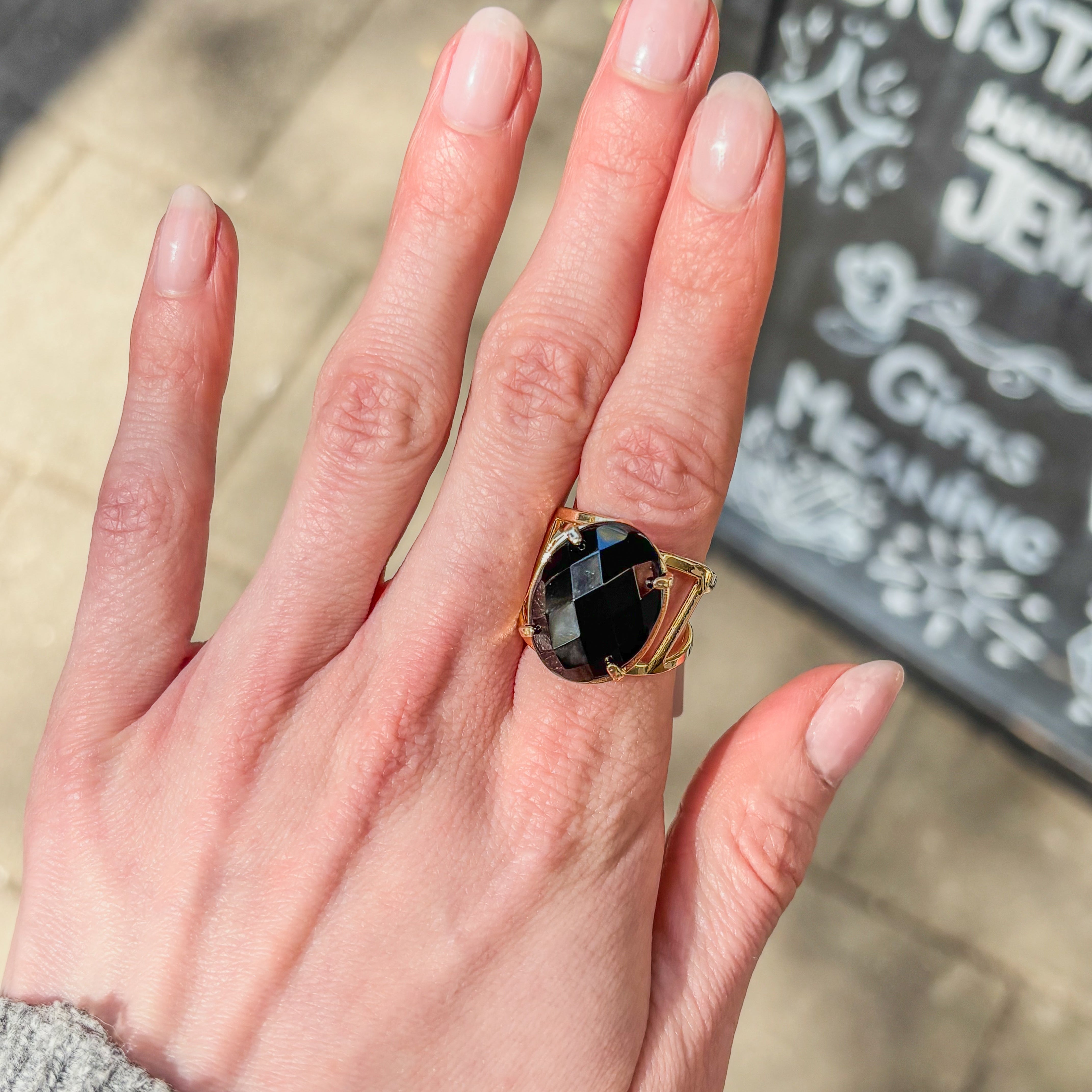 Black Obsidian Cabuchon Ring - Gold Plated