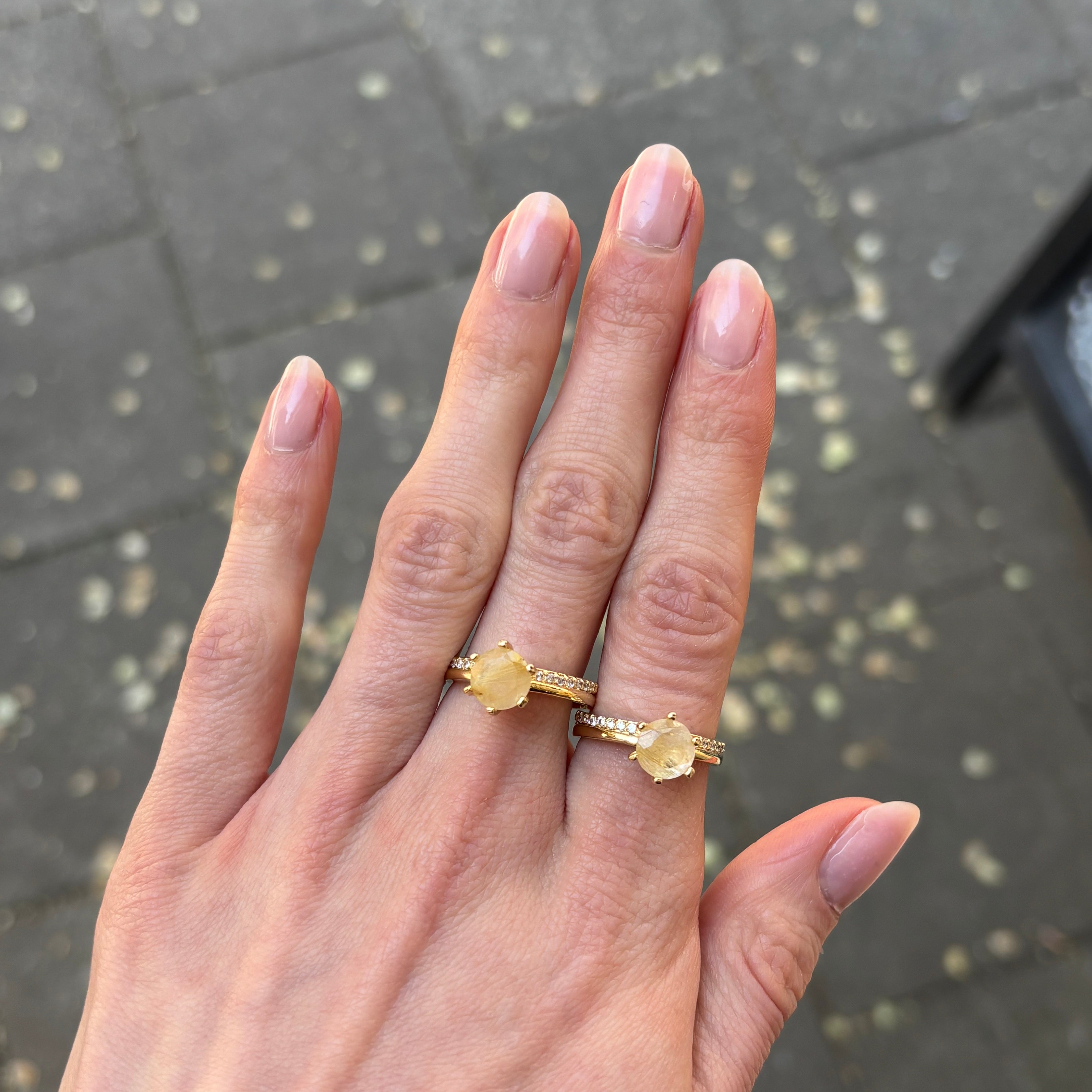 Rutilated Quartz & Zirconia - Solitaire Ring - Gold Plated