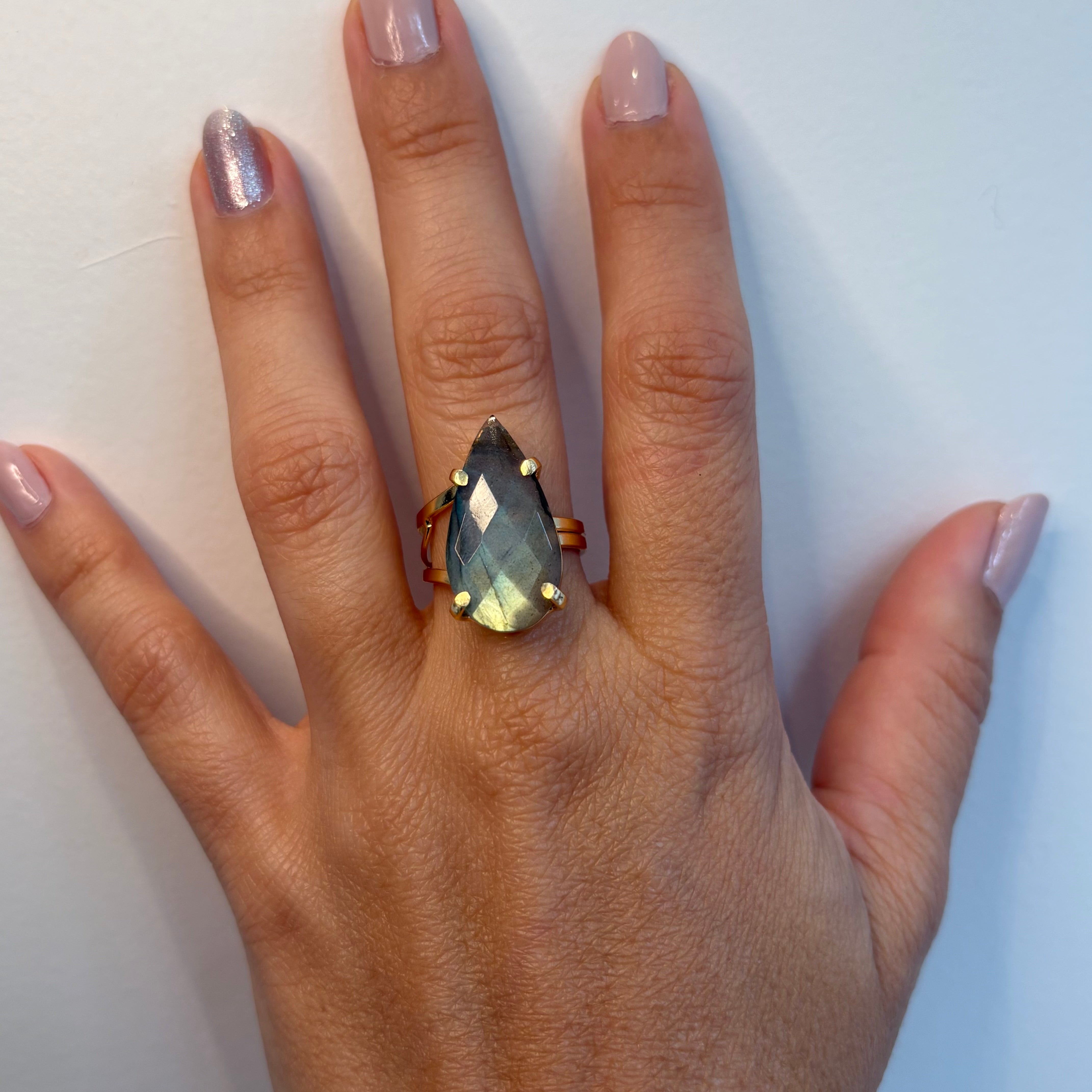 Labradorite Adjustable Drop Ring - Gold Plated