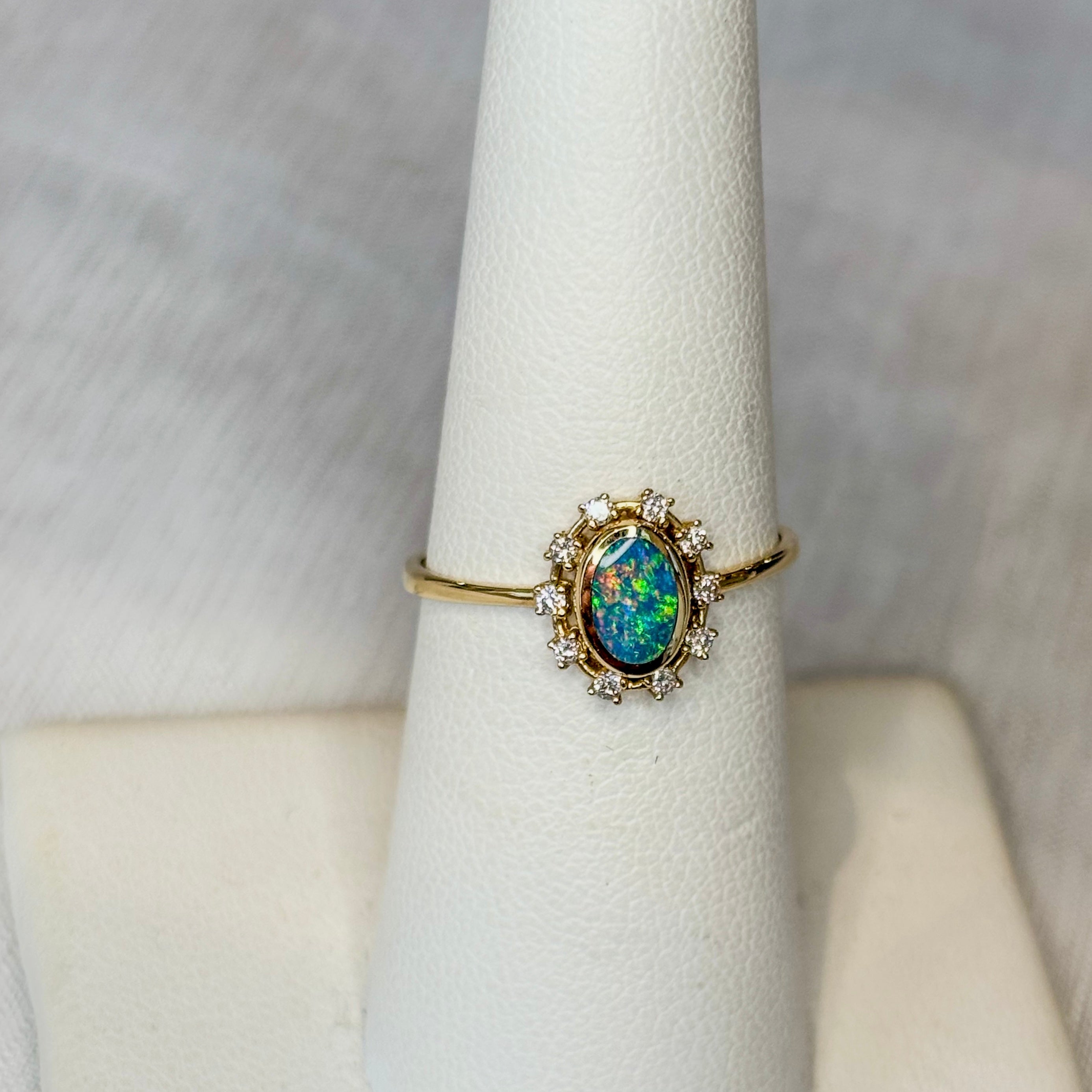 Opal and Diamonds Round Shaped Ring  - 14k Solid Gold