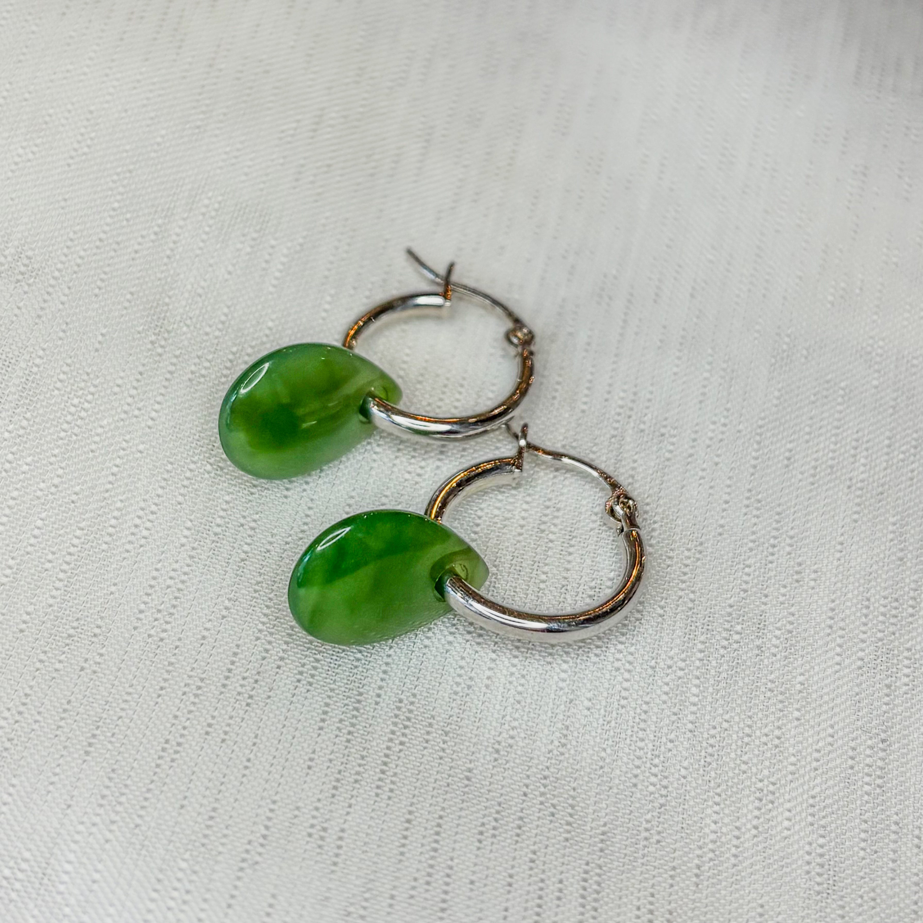 Jade Earrings - Drop Hoops  - Sterling Silver
