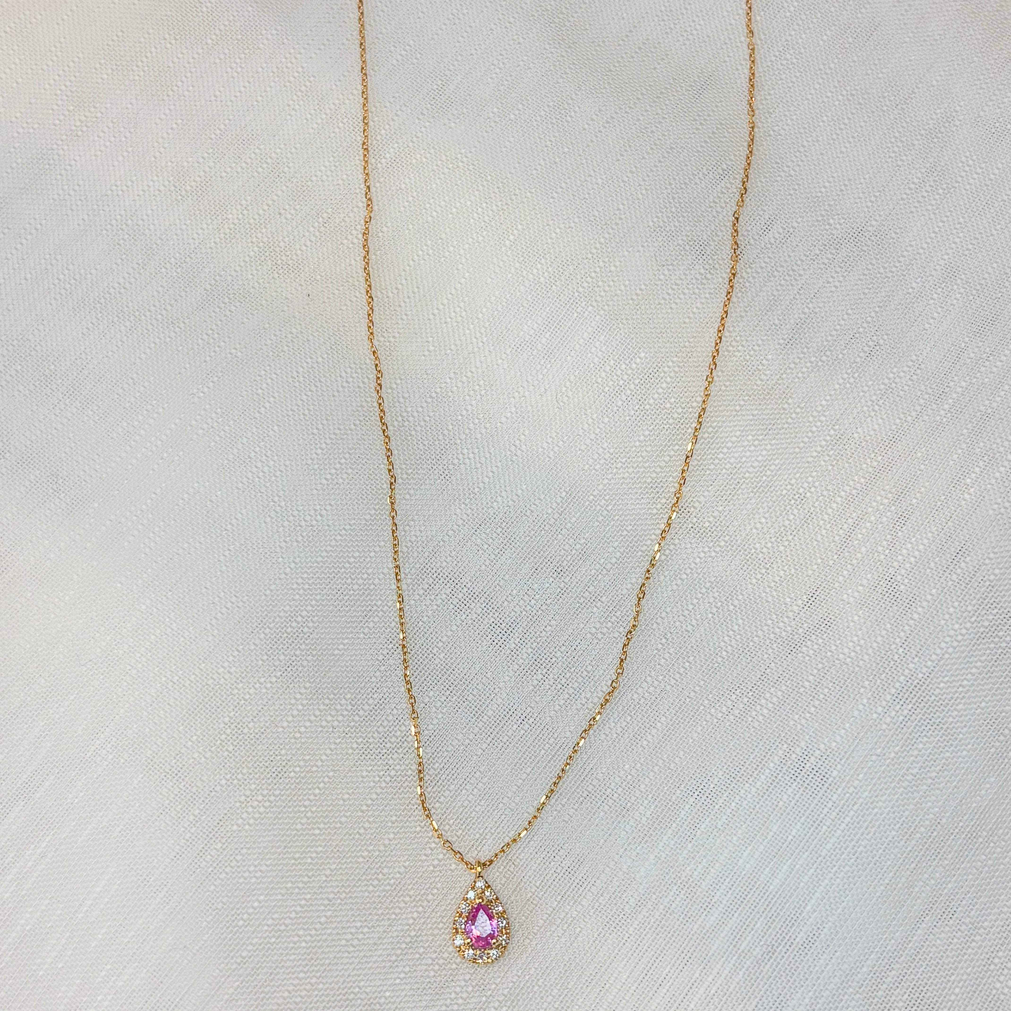Pink Sapphire & Diamond Necklace - Solid Gold 18k