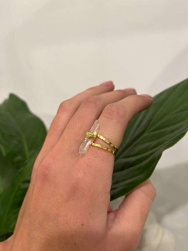 Tumbled Clear Quartz Wrapped Ring - 18k Gold Plated