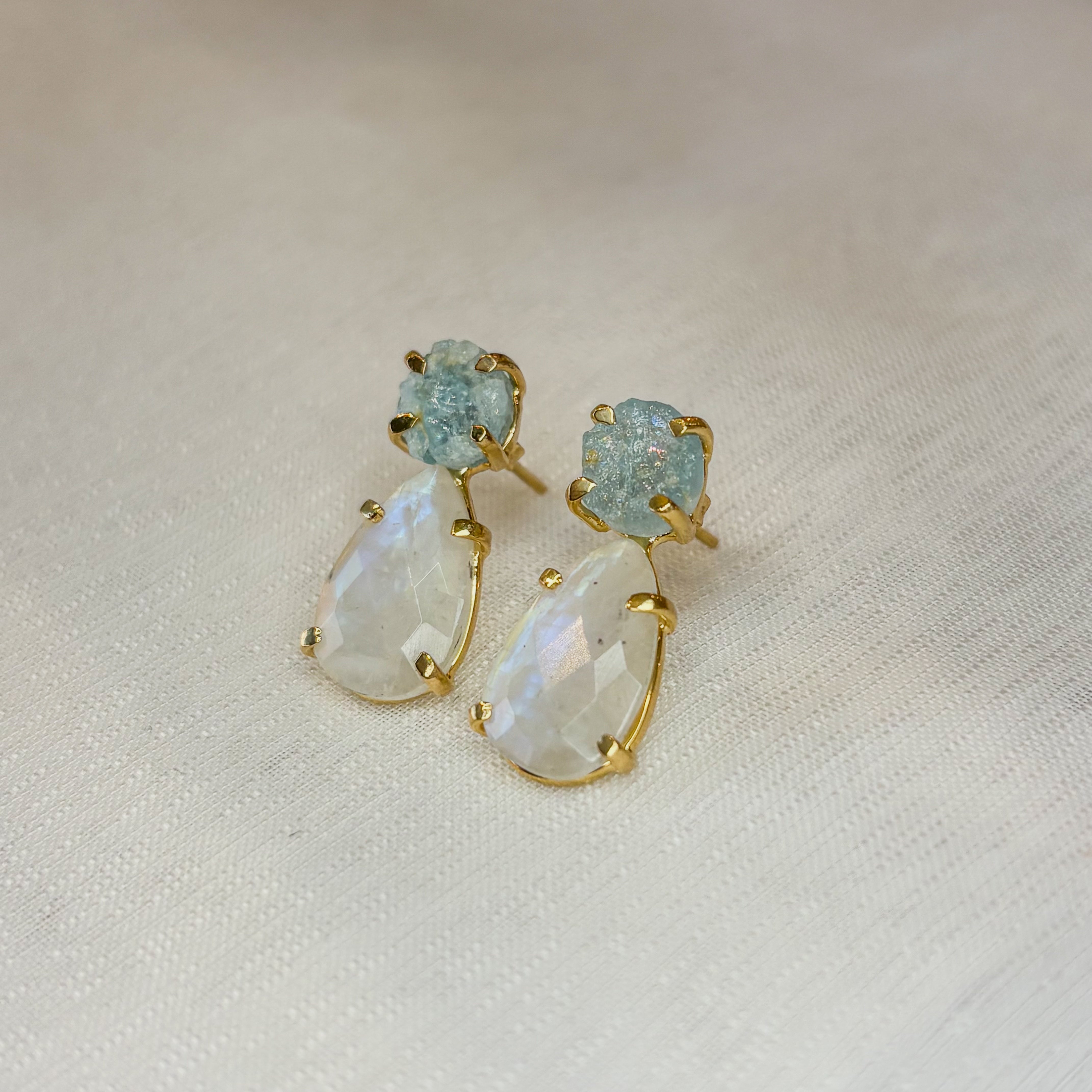 Moonstone & Aquamarine Drop Earrings - Gold Plated