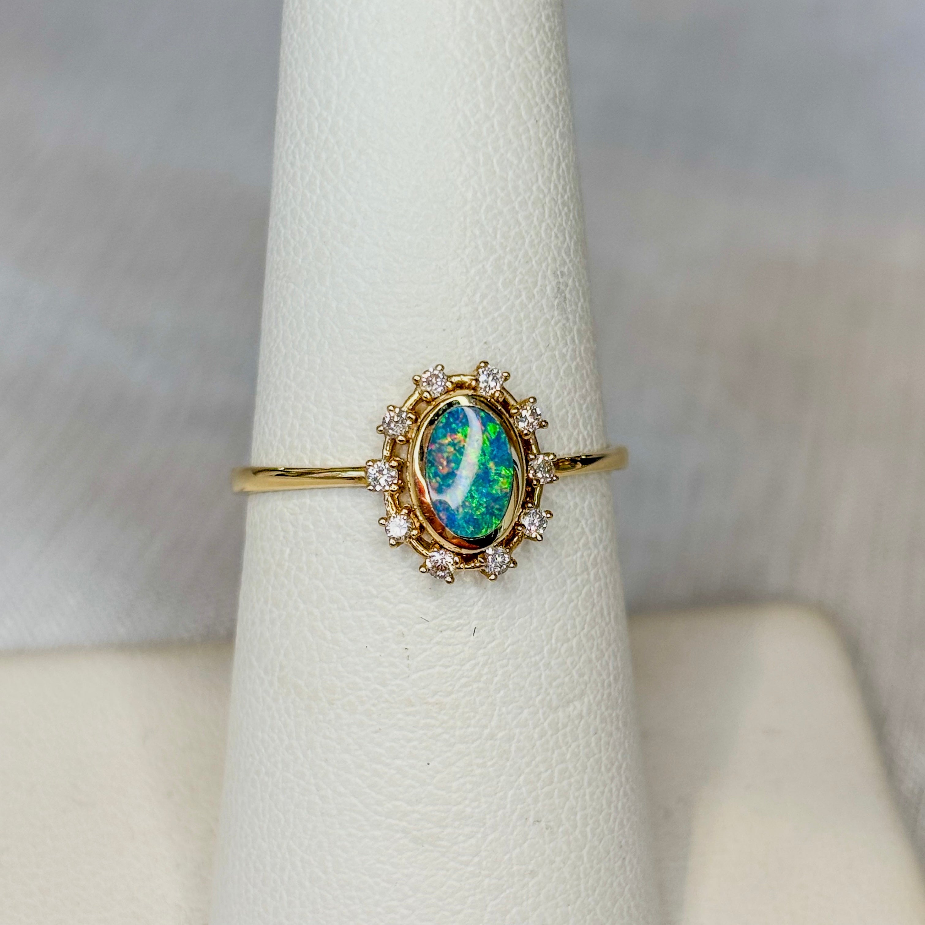 Opal and Diamonds Round Shaped Ring  - 14k Solid Gold