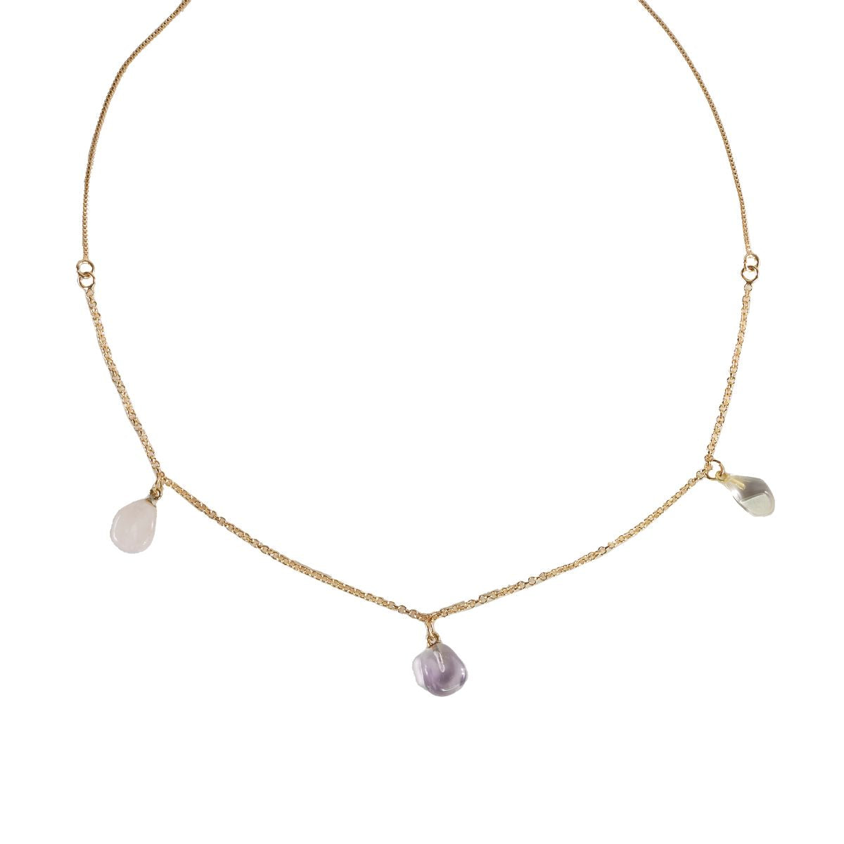 Amethyst, Rose Quartz, and Clear Quartz Golden Triangle Necklace - Gold Plated