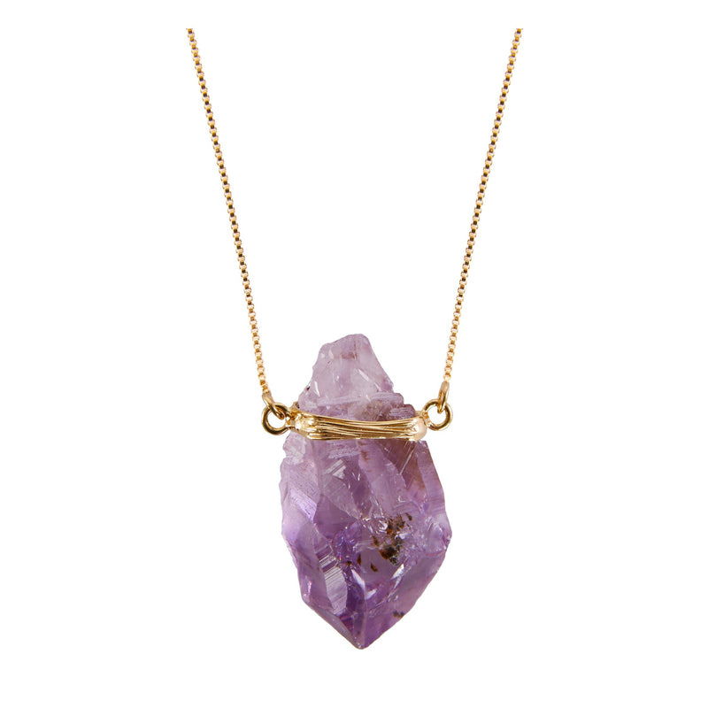 Amethyst - Wrapped Raw Pointed Necklace - Gold Plated - L