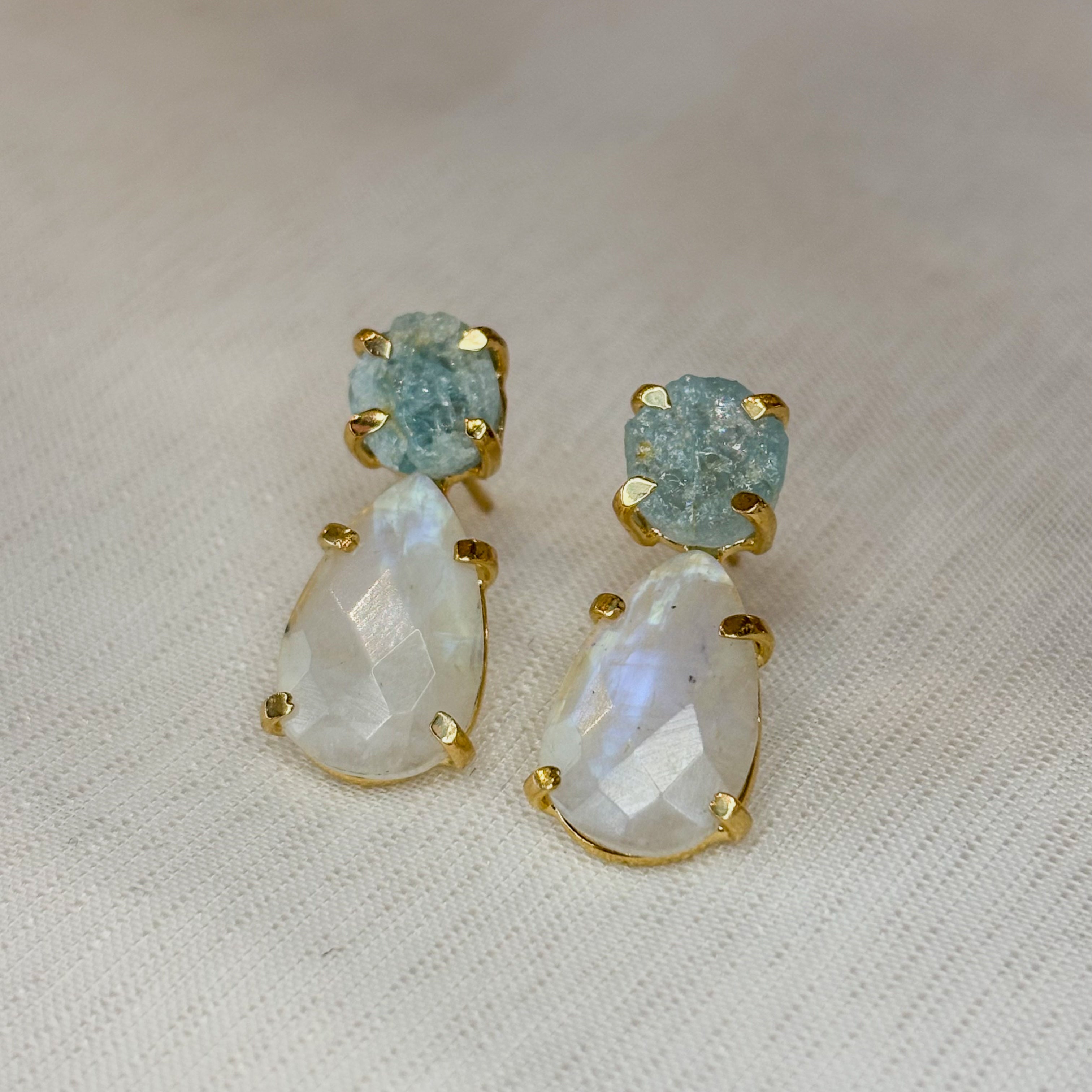 Moonstone & Aquamarine Drop Earrings - Gold Plated
