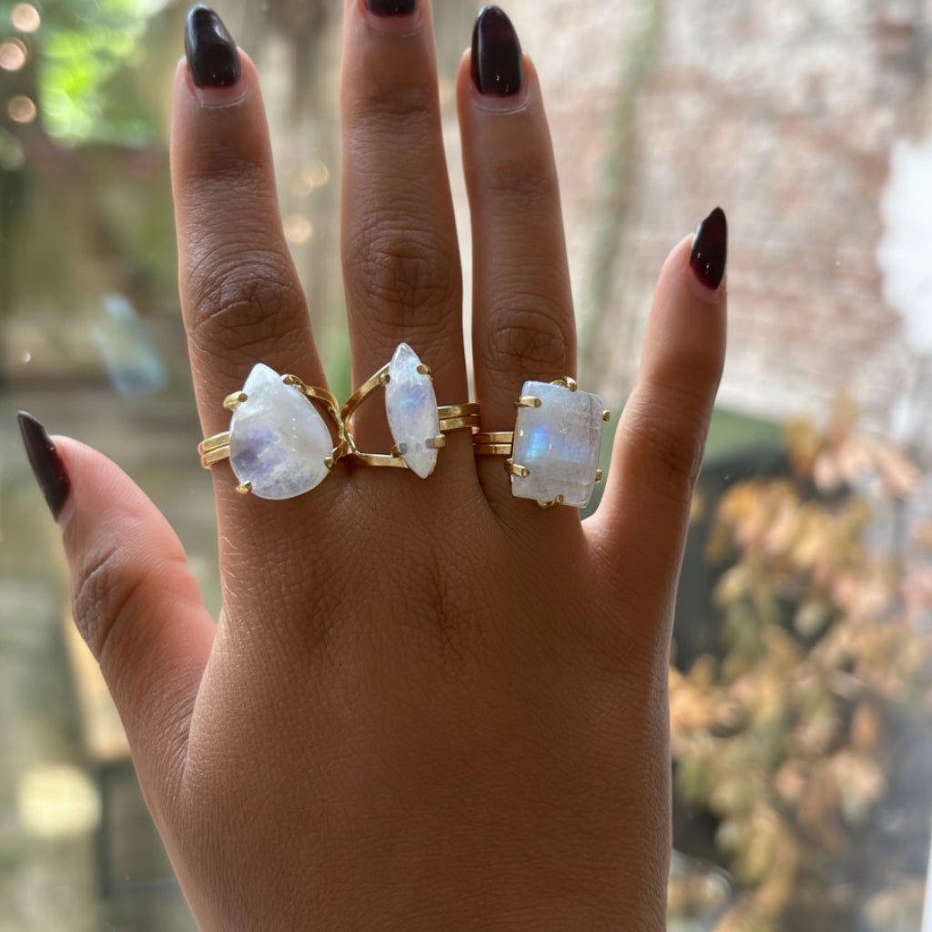 Moonstone Cabuchon Adjustable Ring - Gold Plated