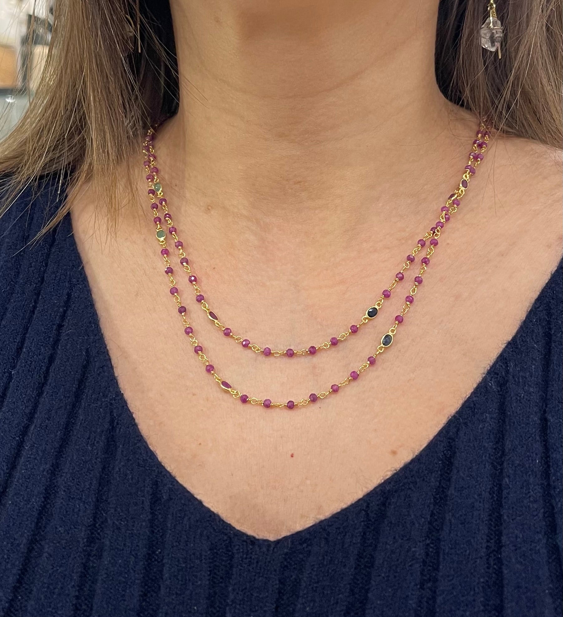 Ruby, Emerald & Sapphire 100cm Necklace - Gold Plated on Sterling Silver