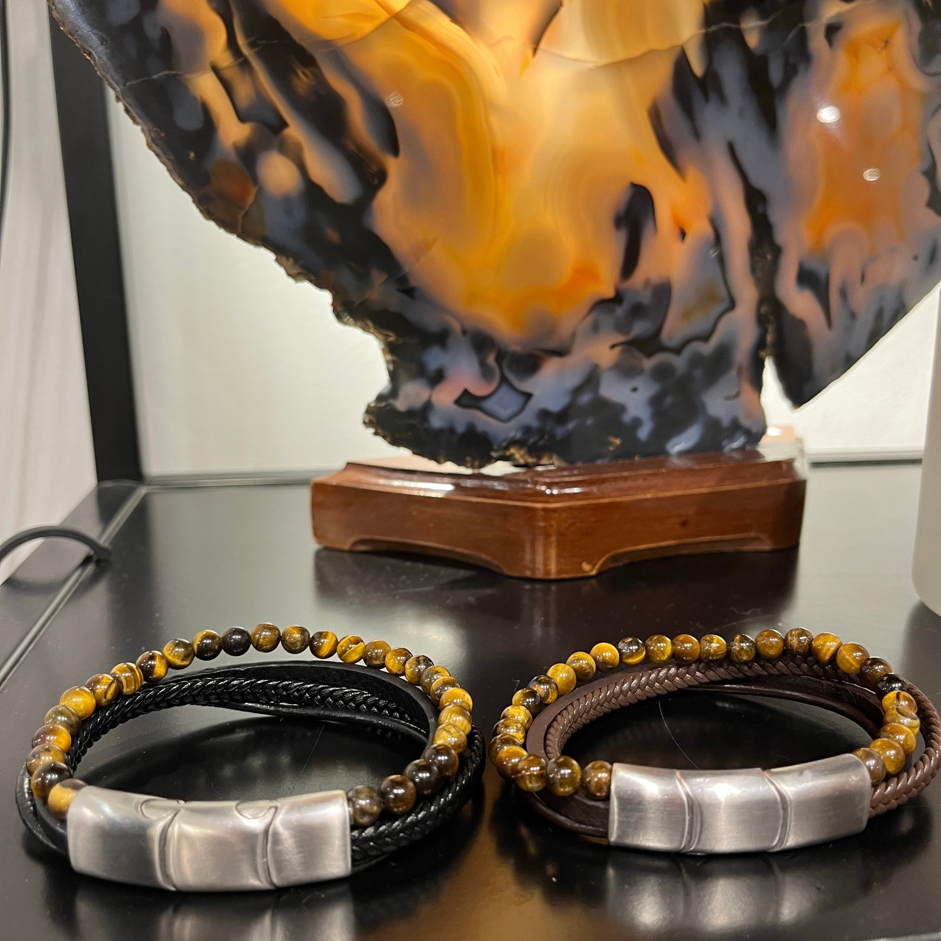 Male Bracelet Leather & Tiger Eye