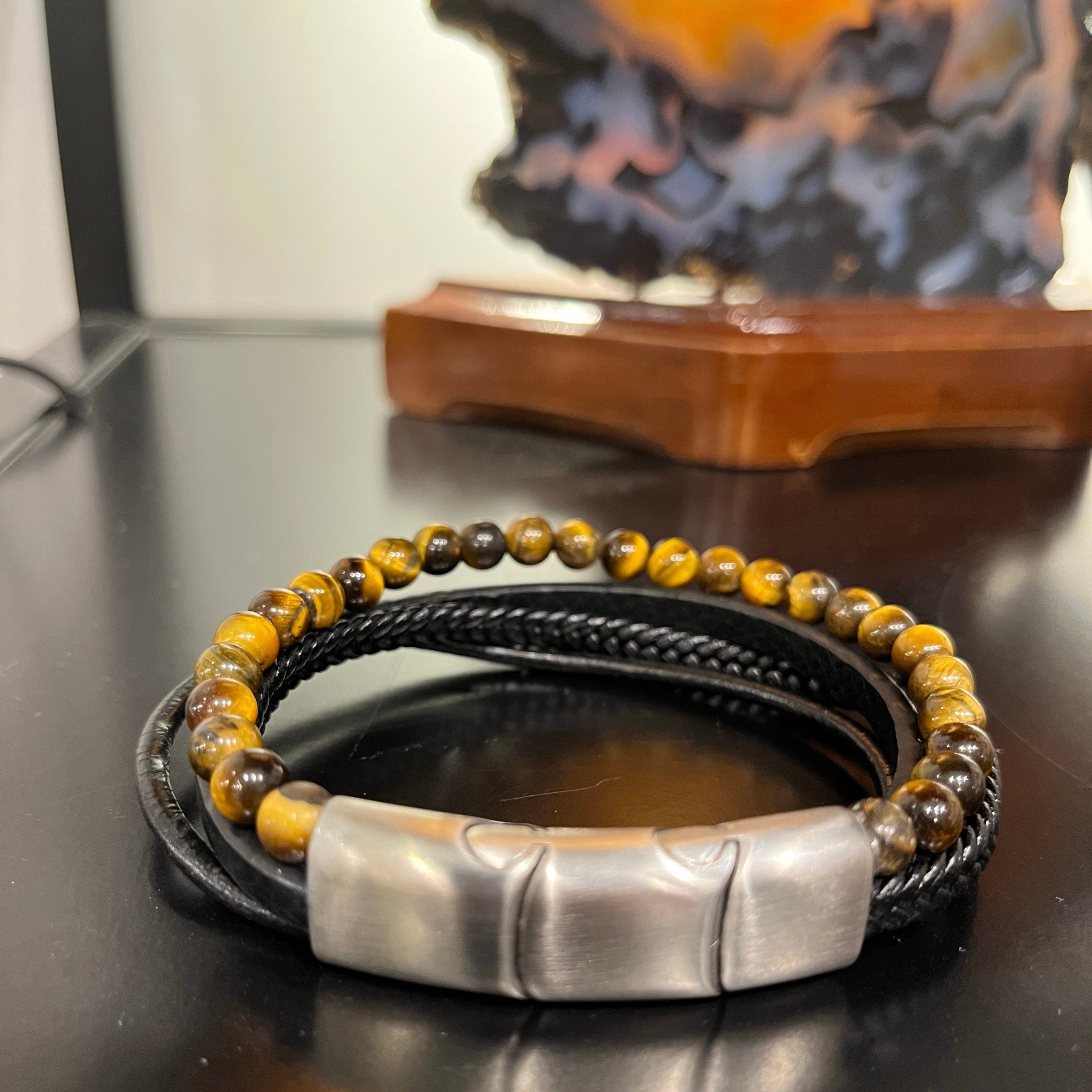 Male Bracelet Leather & Tiger Eye