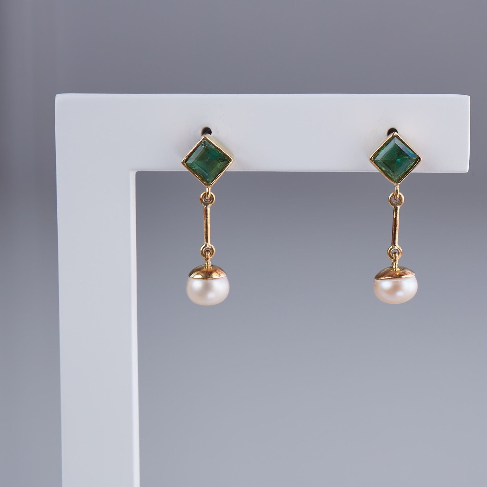 Green Tourmaline with White Pearls - Earrings - Solid 14k Gold