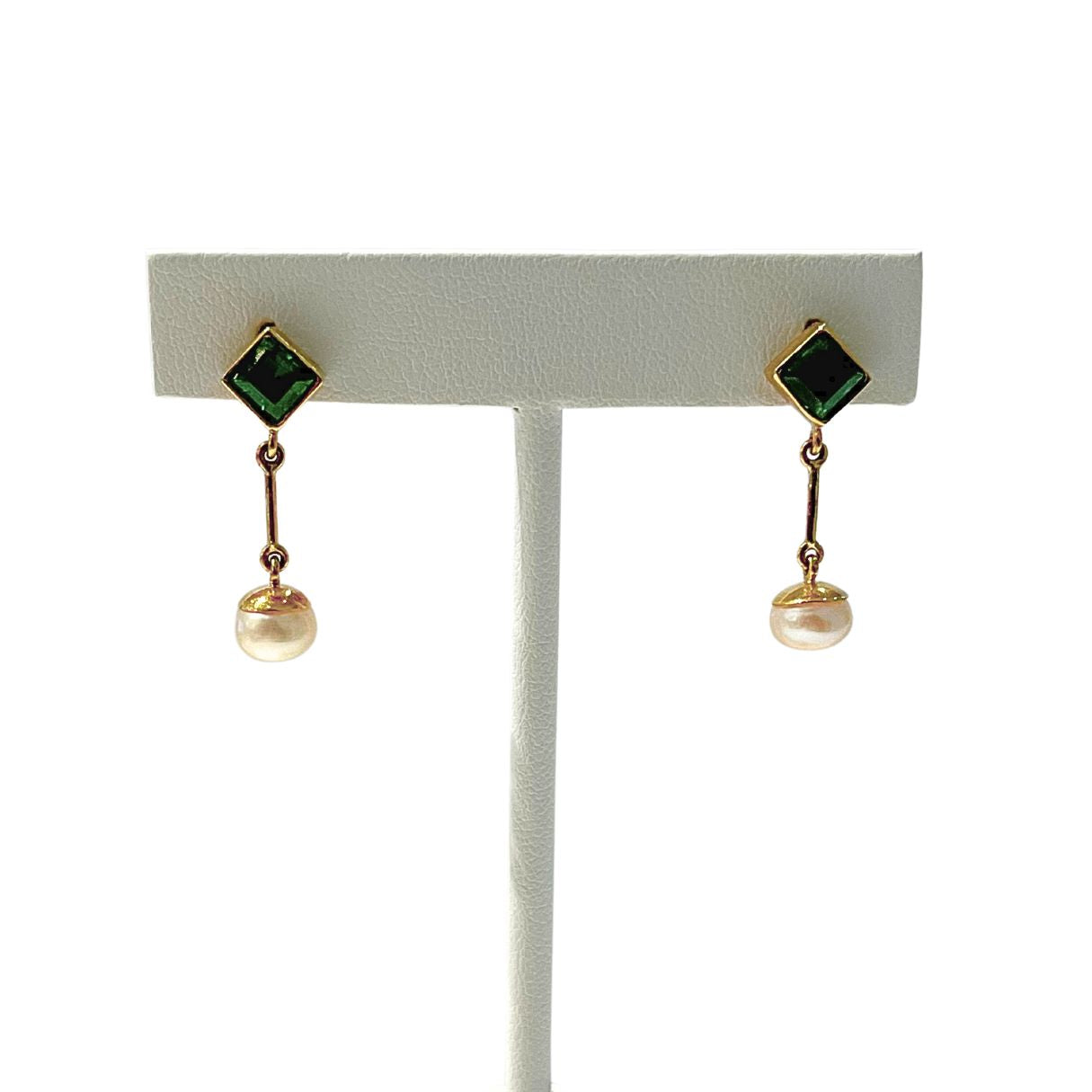 Green Tourmaline with White Pearls - Earrings - Solid 14k Gold