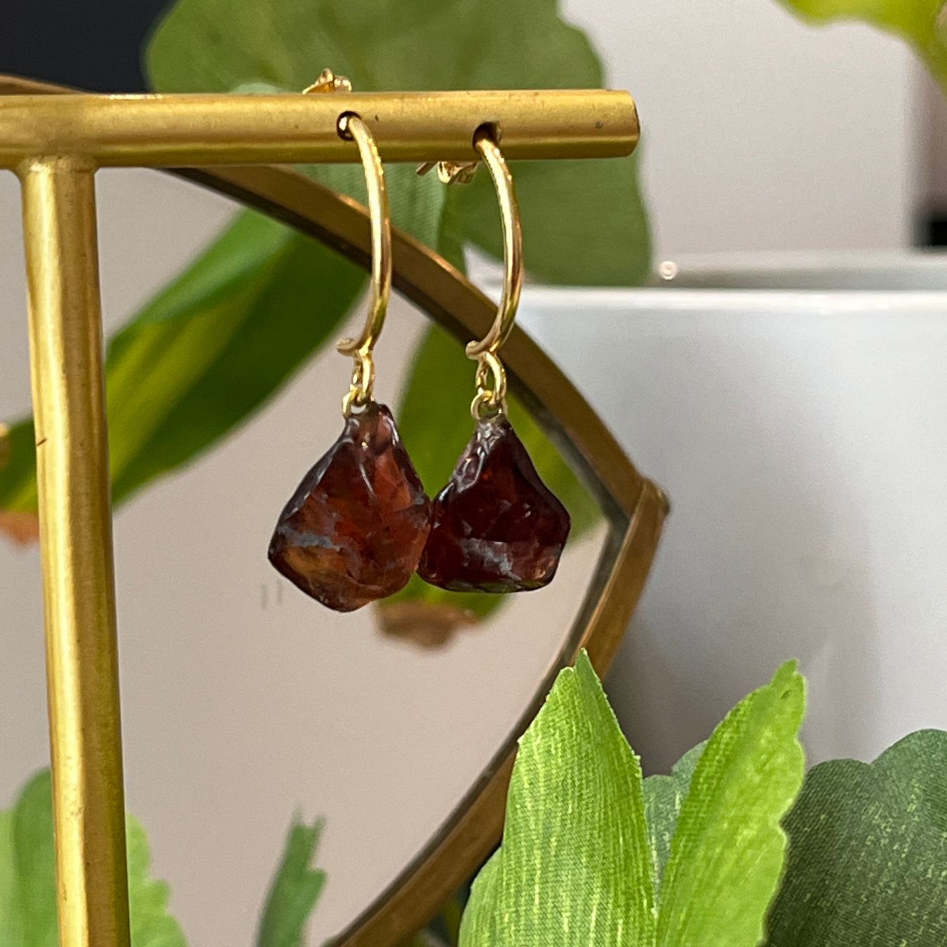 Garnet Half Moon Earrings - Gold Plated
