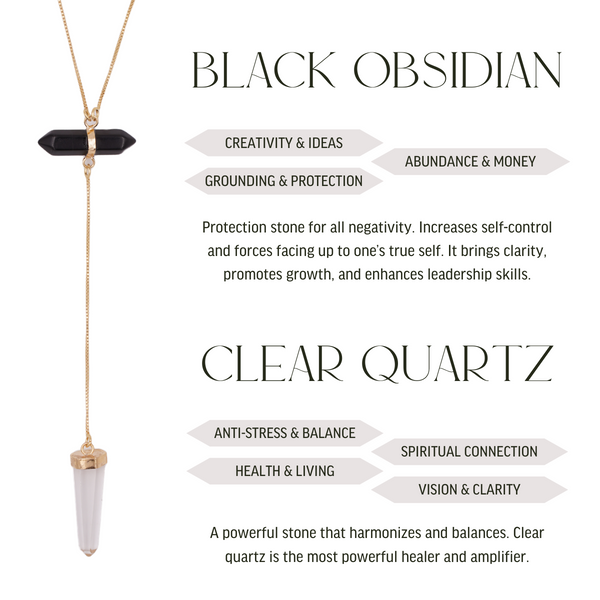 Zwart obsidiaan en helder kwarts - All Flow ketting - Verguld