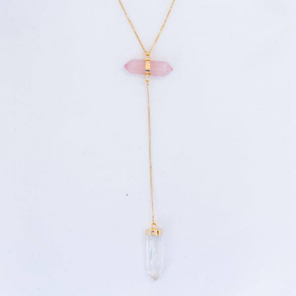 Rose Quartz and Clear Quartz All Flow Necklace - 18k Gold Plated