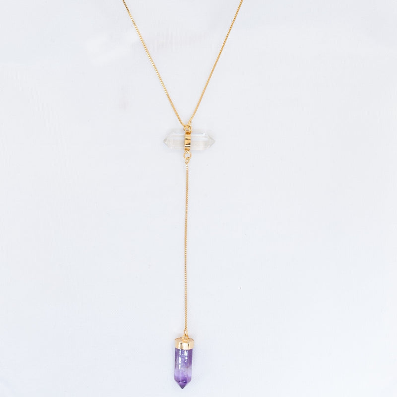 Amethyst and Clear Quartz - All Flow Necklace - Gold Plated