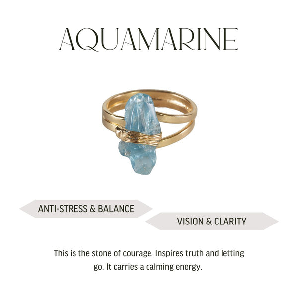 Aquamarine - Wrapped Raw Ring - Adjustable - Gold Plated