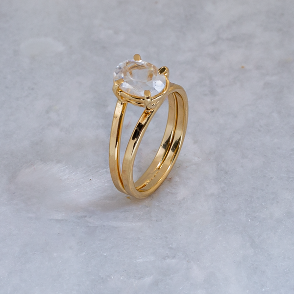 Clear Quartz Adjustable Ring - Diamond Cut & Gold Plated