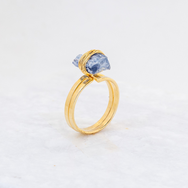 Raw Wrapped Blue Kyanite - Gold Plated Adjustable Ring