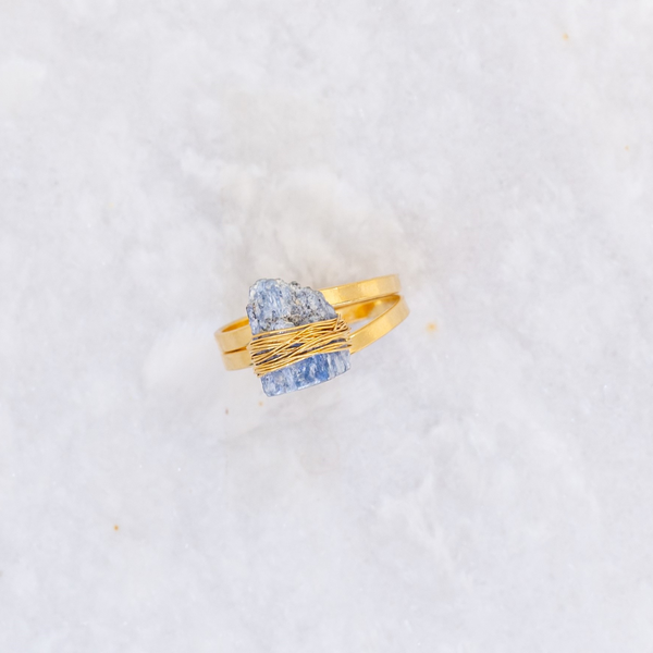 Raw Wrapped Blue Kyanite - Gold Plated Adjustable Ring