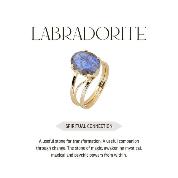 Ring verstelbaar Labradoriet diamant geslepen steen, verguld (ovaal 6x8mm)