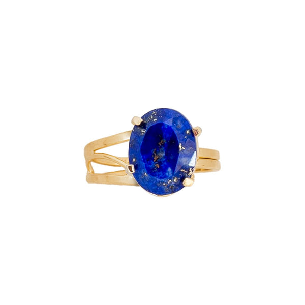 Ring verstelbaar Lapis Lazuli diamant geslepen steen, verguld (ovaal 5x7mm)
