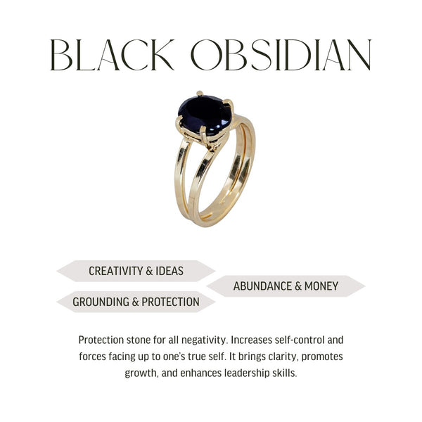 Ring verstelbaar Zwart Obsidiaan diamant geslepen steen, verguld (ovaal 5x7mm)