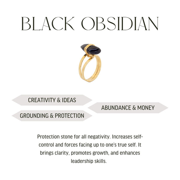 Black Obsidian - Wrapped Raw Ring - Adjustable - Gold Plated