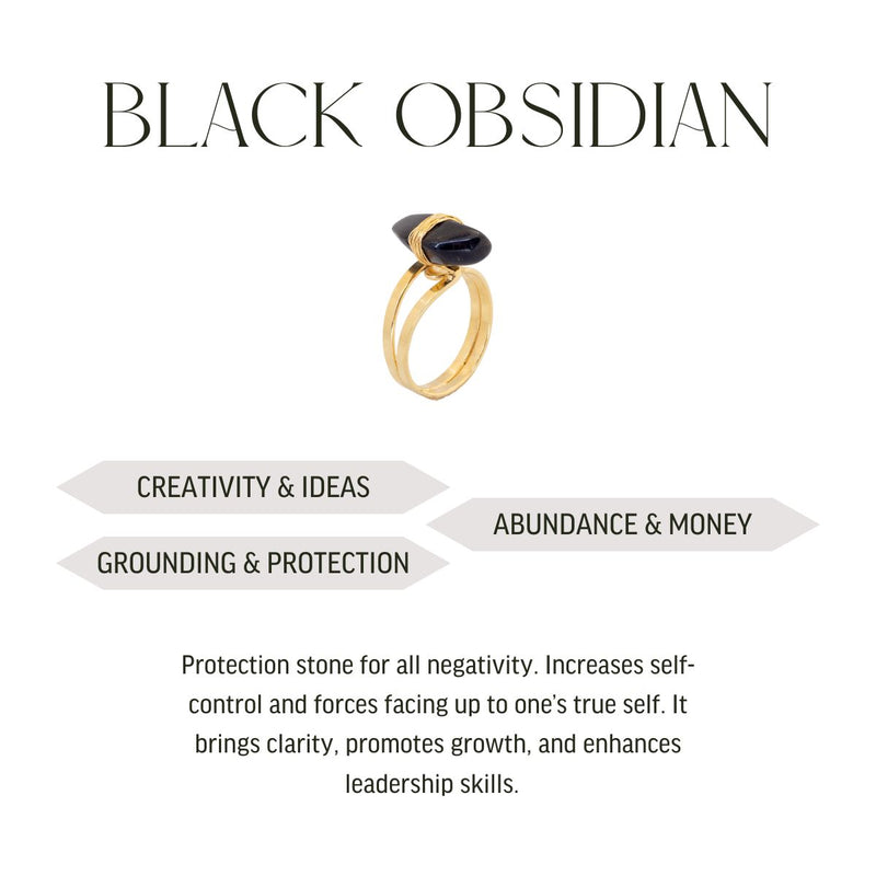 Black Obsidian Wrapped Ring - 18k Gold Plated