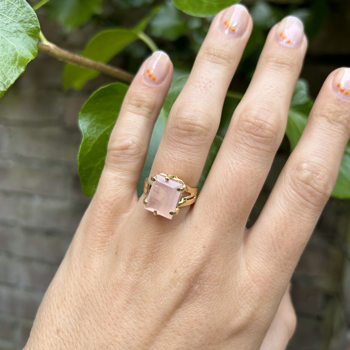 Rozenkwarts - Pinkring - 18k verguld