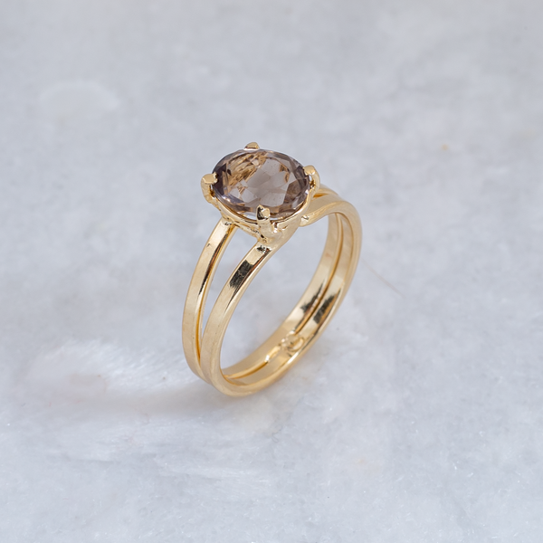 Ring verstelbaar Rookkwarts diamantgeslepen steen, verguld (ovaal 5x7mm)