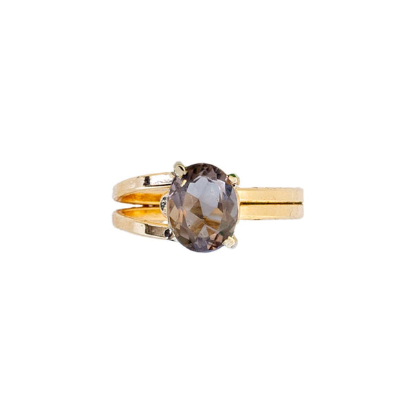 Ring verstelbaar Rookkwarts diamantgeslepen steen, verguld (ovaal 5x7mm)