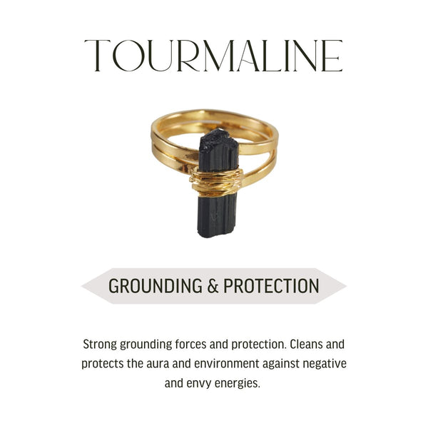 Black Tourmaline Wrapped Ring - 18k Gold Plated