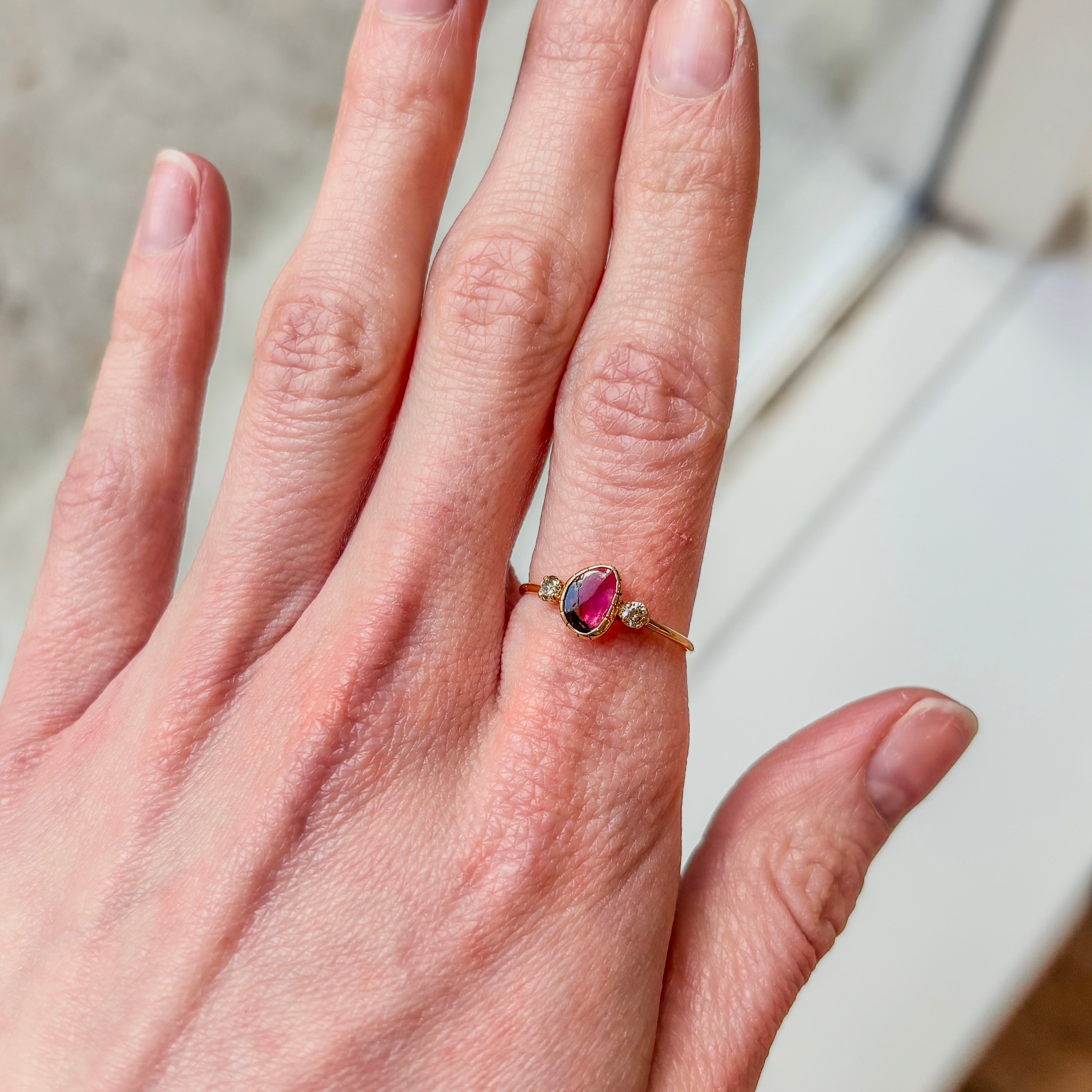 Watermelon Tourmaline Ring - Diamonds 18k Solid Gold
