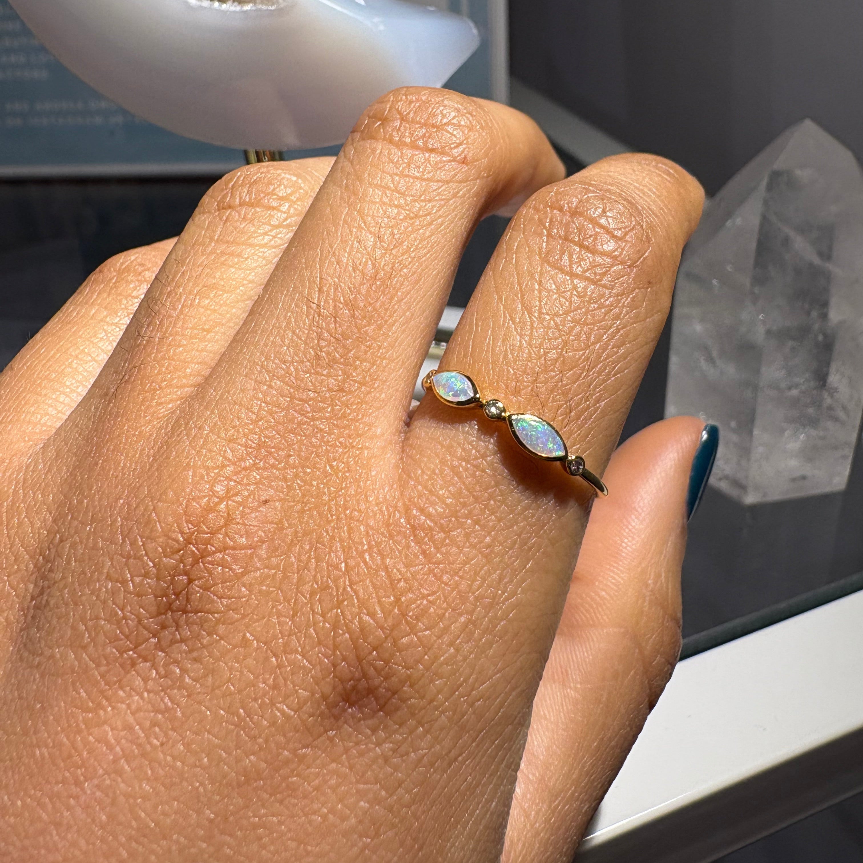 Opal & Diamond Ring - Double Opal  - 0.80g - 18k Solid Gold