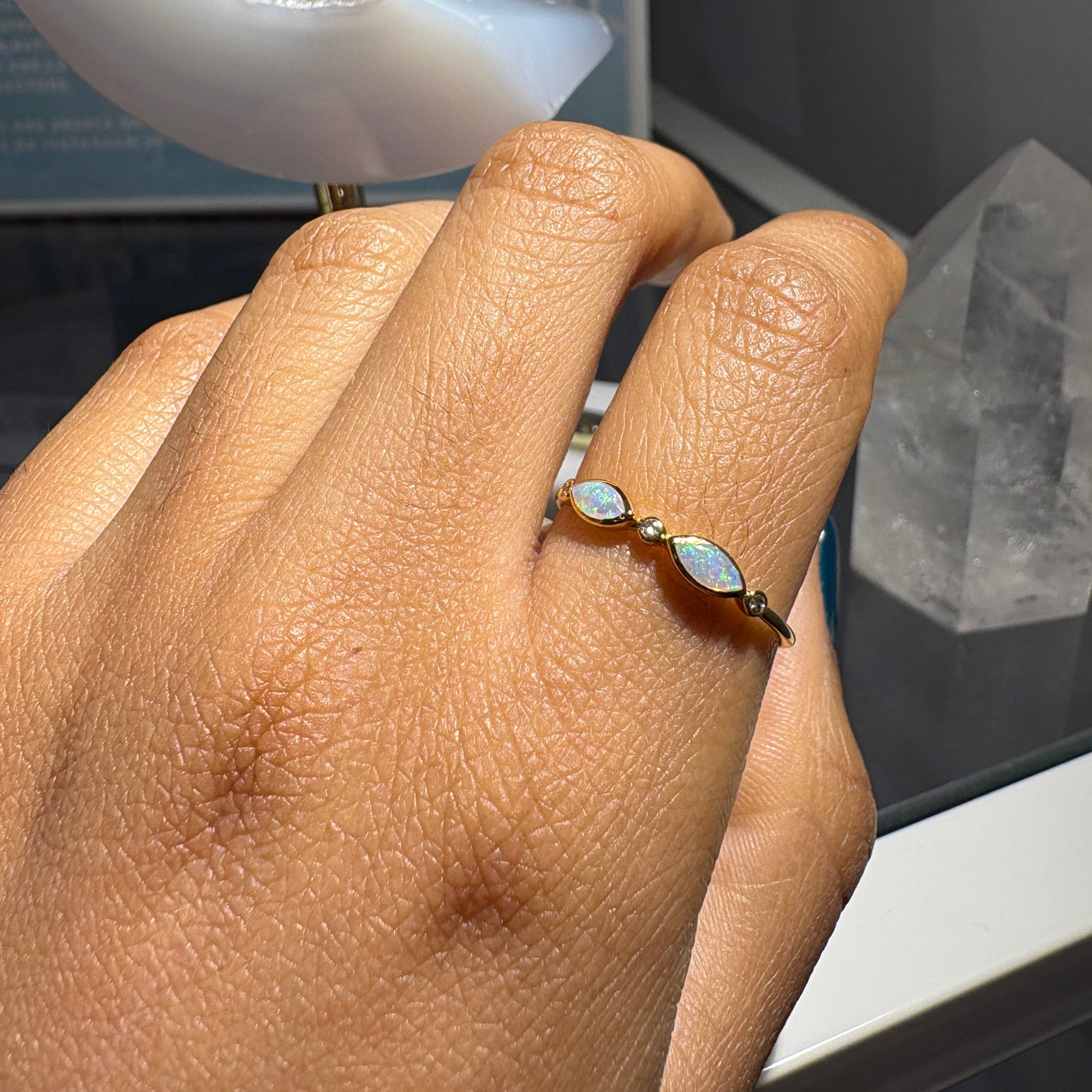 Opal & Diamond Ring - Double Opal  - 0.80g - 18k Solid Gold