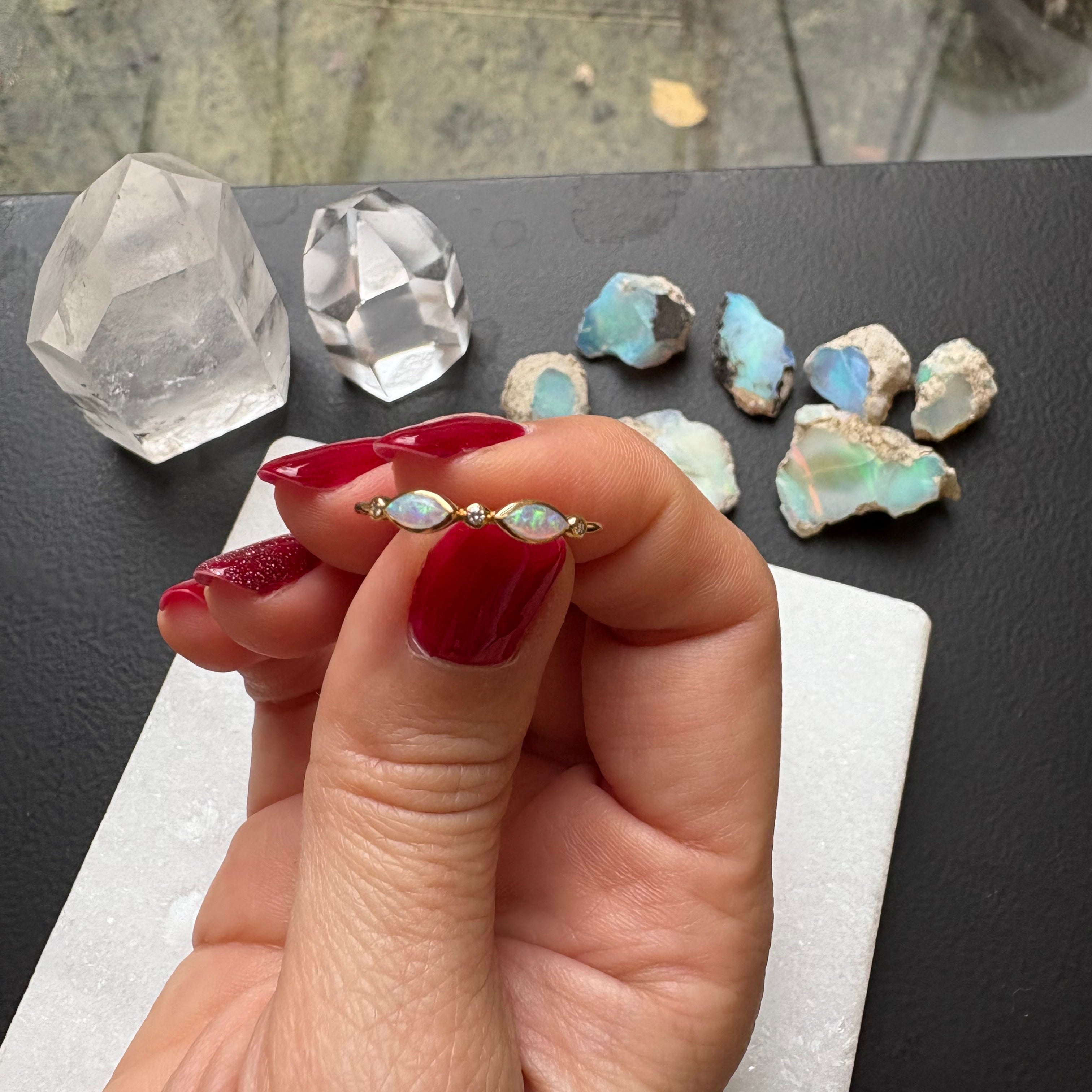 Opal & Diamond Ring - Double Opal - 18k Solid Gold