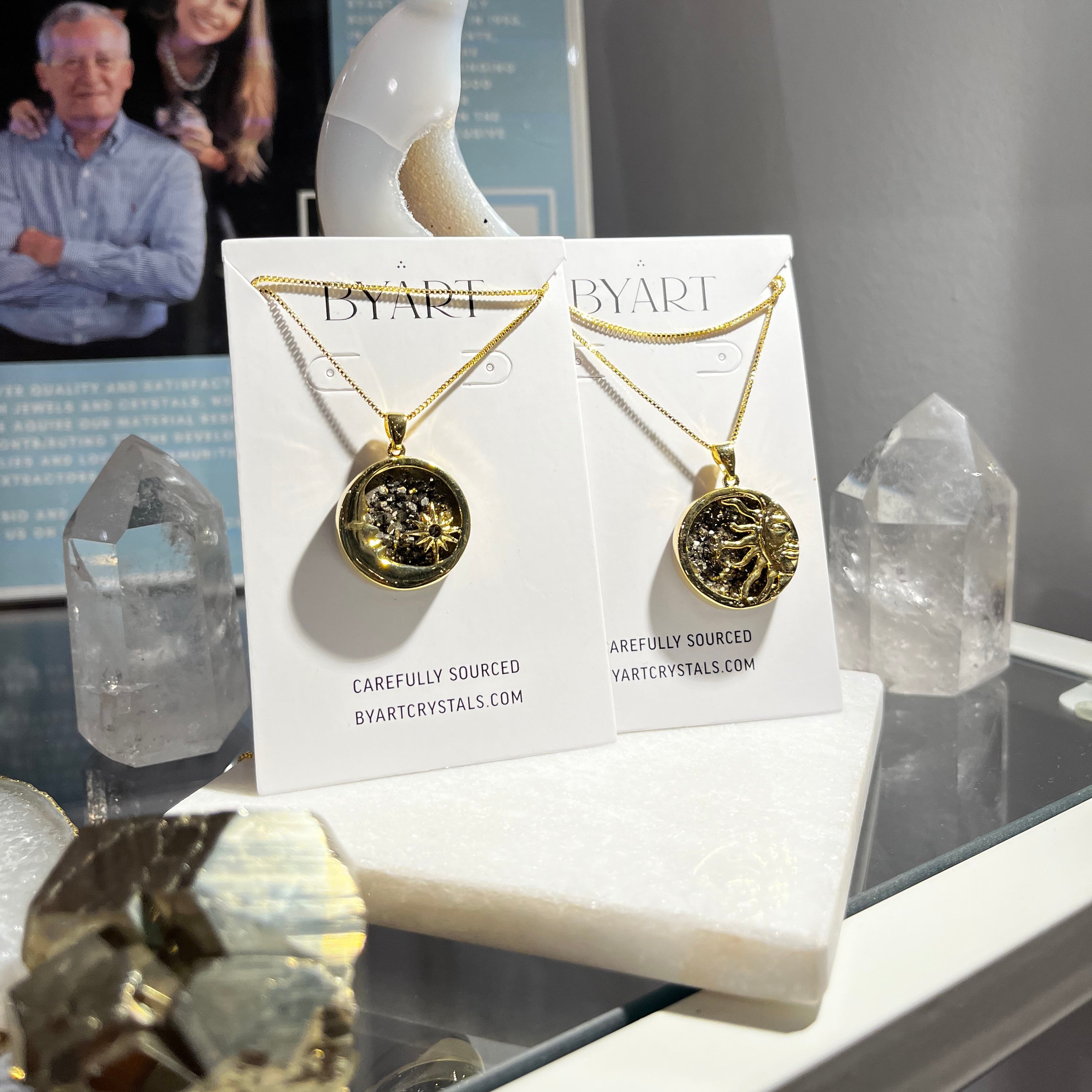Pyrite - Sun and Moon Necklace - Gold Plated
