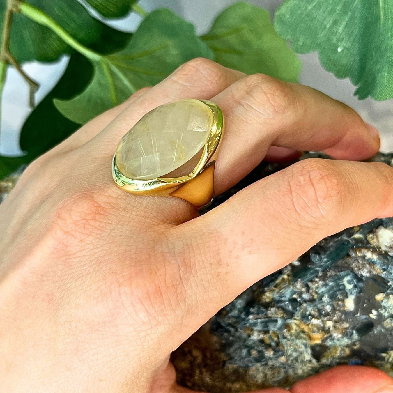 Big Rutilated Quartz  Ring - Gold Plated