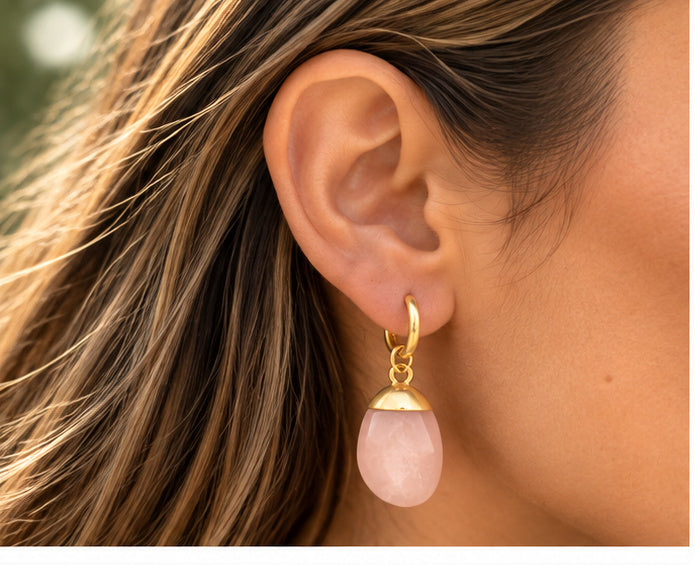 Rose Quartz – Polished Gemstone Drop Earrings – Gold Plated