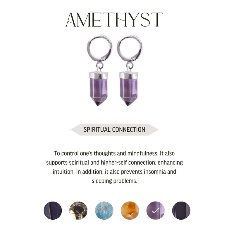 Amethyst & Black Obsidian - Pointed Prism - Hoops Earrings - Silver Plated