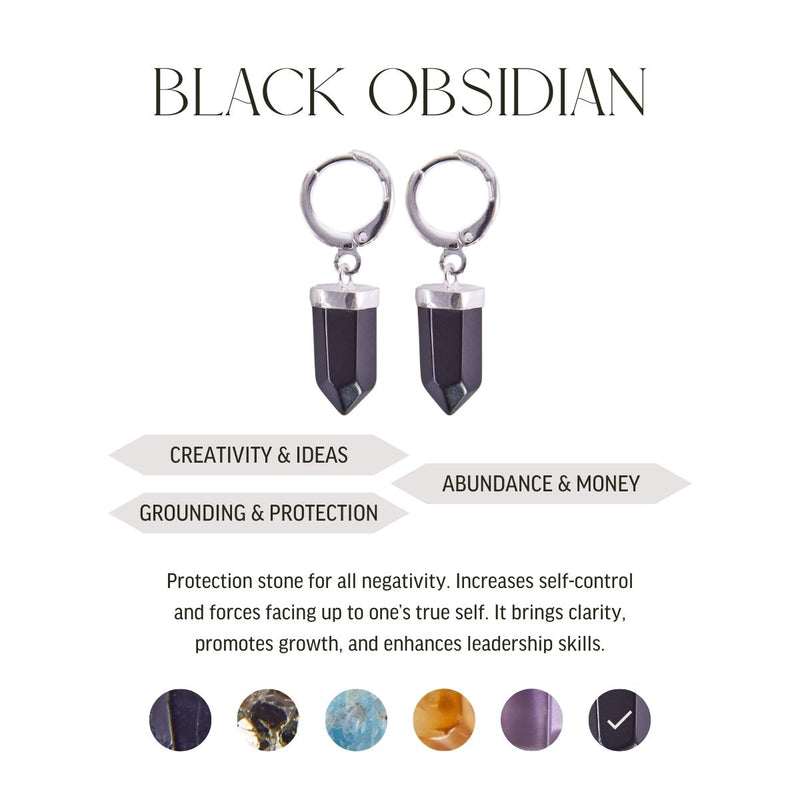 Amethyst & Black Obsidian - Pointed Prism - Hoops Earrings - Silver Plated