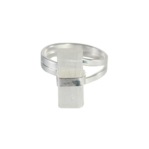Selenite - Wrapped Raw Ring - Adjustable - Silver Plated
