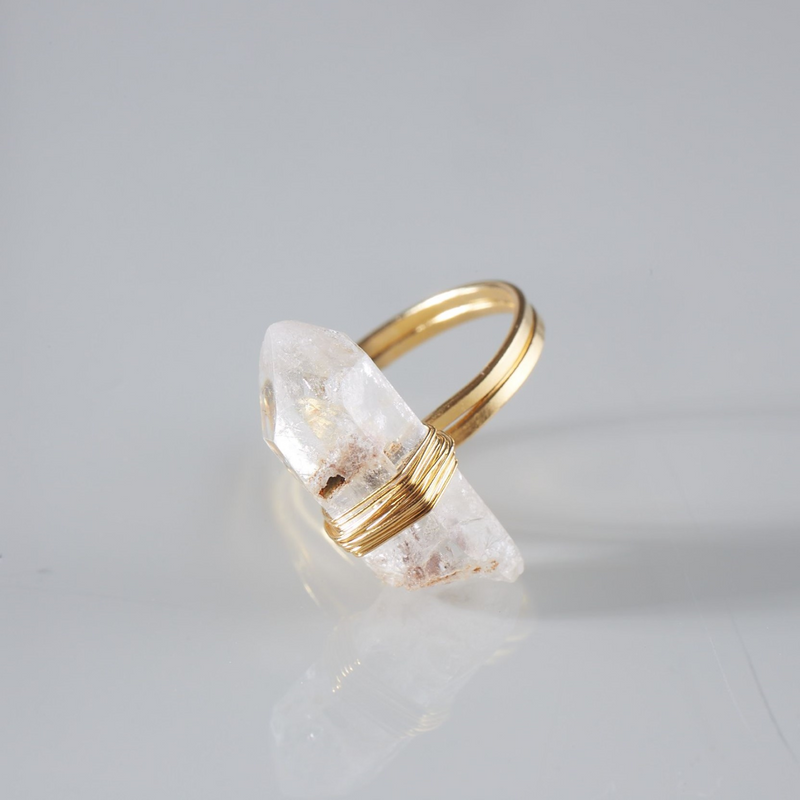 Raw Wrapped Clear Quartz - Gold Plated Adjustable Ring