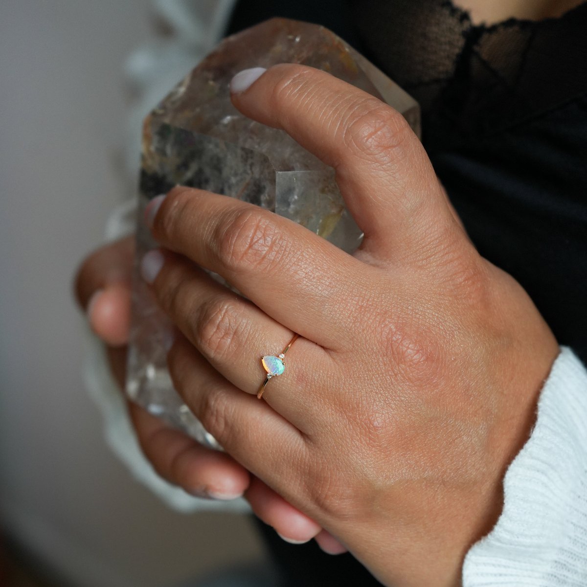 Opal & Diamonds Ring - Starlight Droplet - 18k Gold