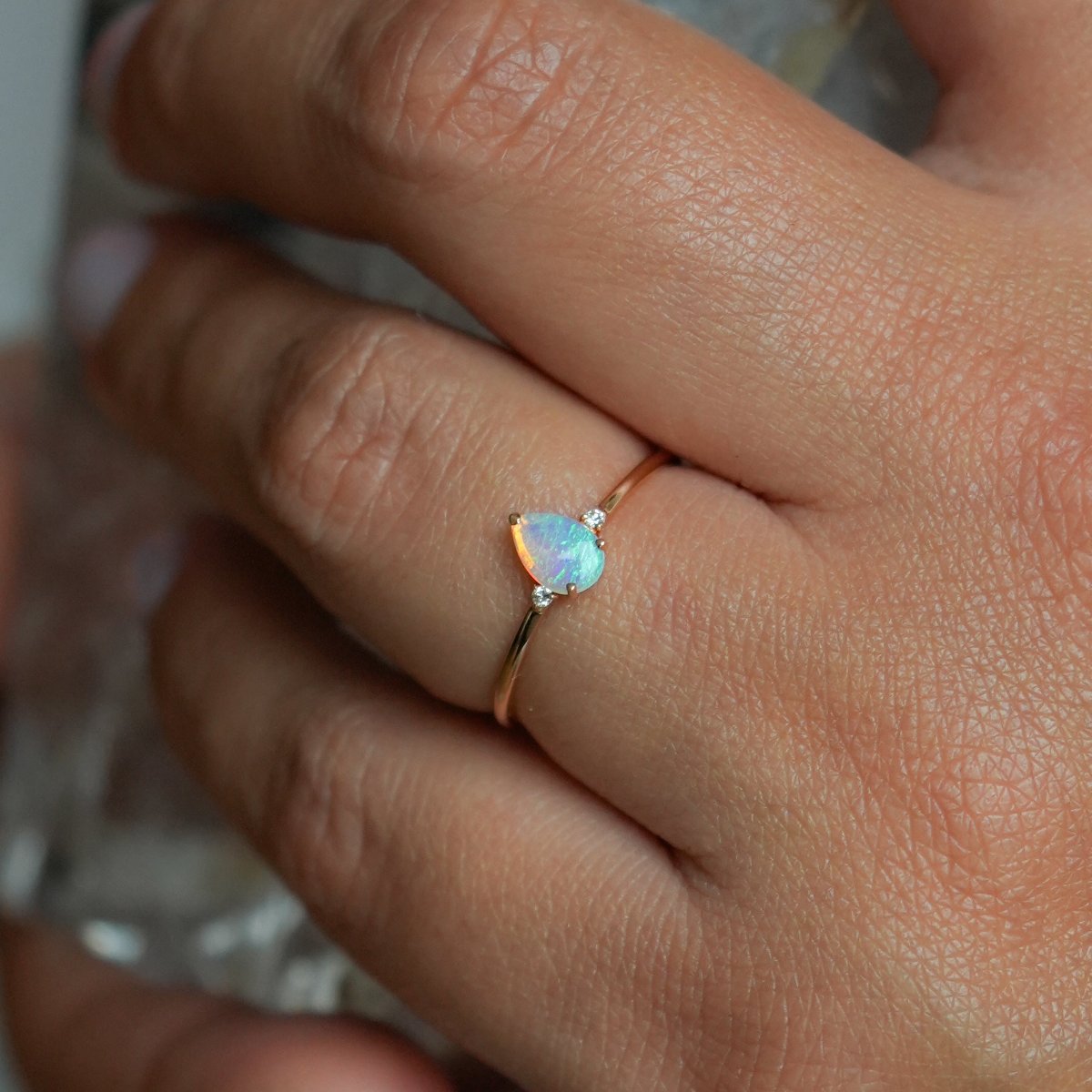 Opal & Diamonds Ring - Starlight Droplet - 18k Gold