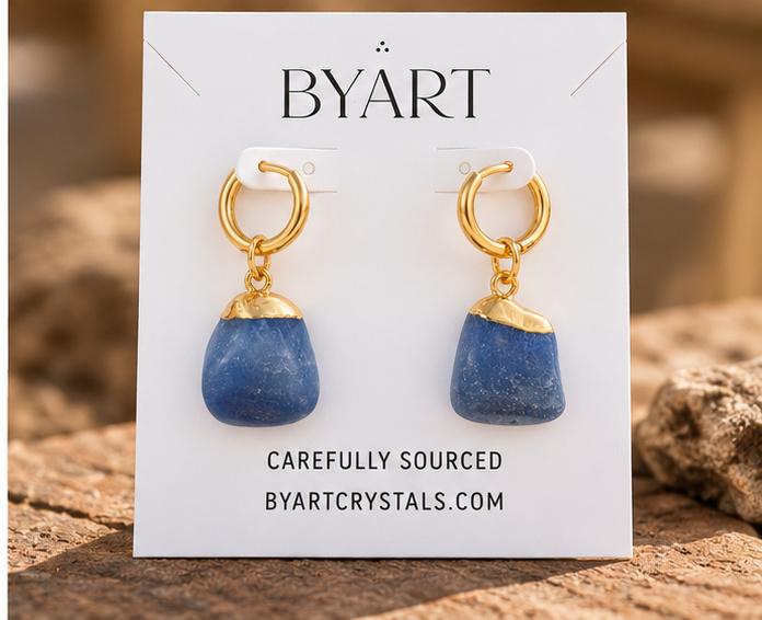 Blue Quartz – Polished Gemstone Drop Earrings – Gold Plate