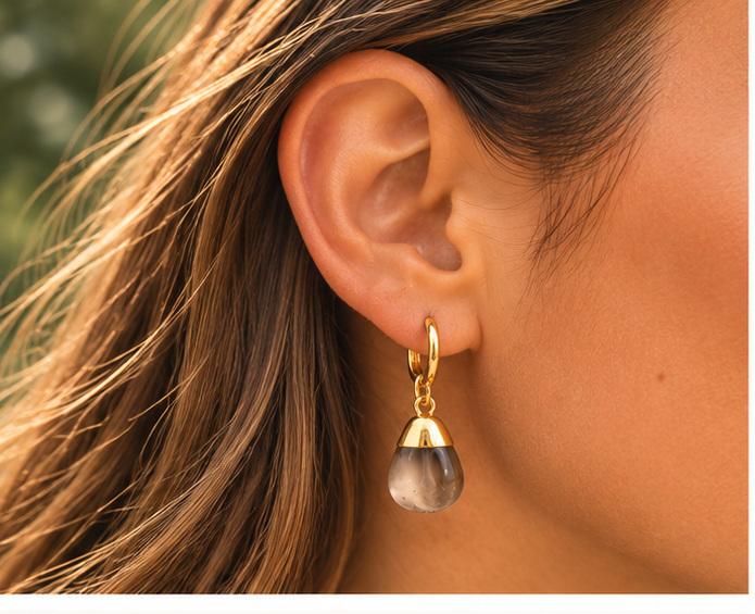 Smoky Quartz – Polished Gemstone Drop Earrings – Gold Plate